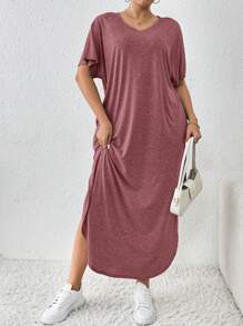 SHEIN Essnce Vestido de bata largo con diseño de bolsillo y abertura, de moda casual para primavera y verano, talla grande para mujer
