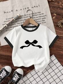 Elladie kids 少女蝴蝶结印花圆领短袖休闲T恤 - 白色 - 查看 4