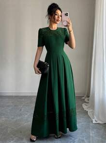 Rafferiza 女士优雅撞色蕾丝圆领泡泡袖绿色迷你连衣裙 - 綠色 - 查看 1