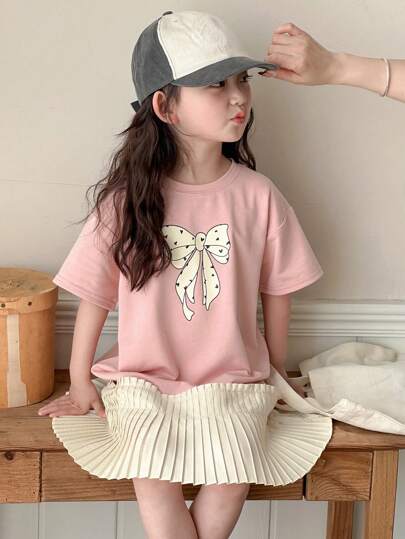 Dazy Kids Young Girls Bow Print Patchwork Short Sleeve Crew Neck Dress, Spring & Summer
