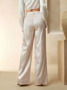 Anewsta Elaire 女式高腰直筒长裤，气质休闲，醋酸纤维缎纹面料，简约设计 - 米色 - 查看 4