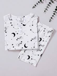 2pcs/Set Toddler Boys Casual Star & Moon Print Short Sleeve T-Shirt And Shorts Snug Fit Pajama Set Tight Fit Pajama","Tight Fit" Pj Sets For Kids Young Boys Tops