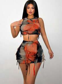 Sirith Tie Dye Fringe Design Slim Fit Vest And Skirt Set For New Year Clothes - Multicolor - View 5