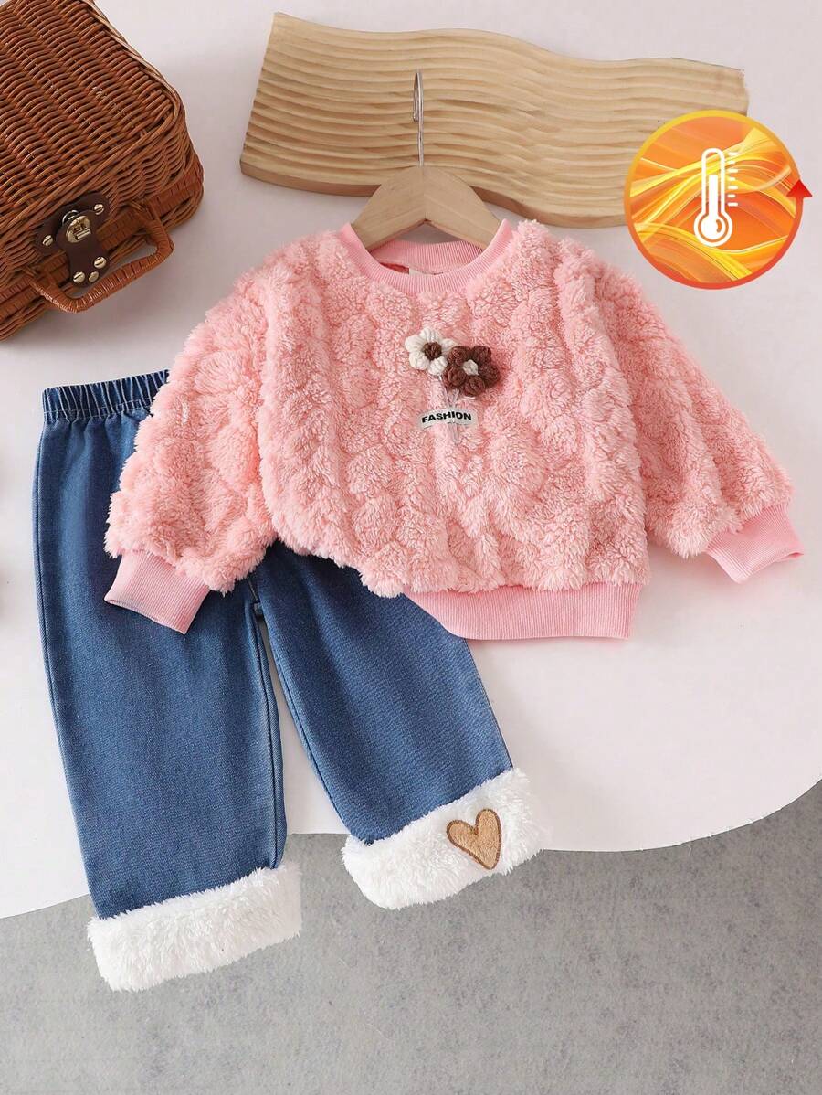 SHEIN Playful Pals 女婴花卉印花长袖上衣和心形人造毛皮牛仔裤套装，秋冬 - 粉色 - 查看 1