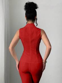 Elenzga 优雅纯色中式立领收腰系带背心 - 紅色 - 查看 2