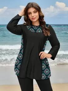 SHEIN Swim Curve 2pcs/Set Plus Size Women Modest Vacation Retro Printed Splicing Long Sleeve Pullover And High Waist Pants Burkini Swimwear