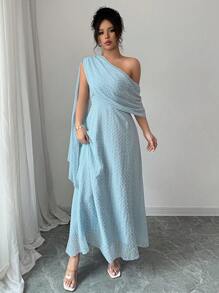 Rafferiza Women's Asymmetric Neckline & Shoulder Sheer Textured Chiffon Flared Hem Maxi Dress, Blue, Spring/Summer - Baby Blue - View 6