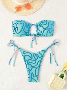 SHEIN Swim Women Summer Beach Striped Print Bandeau Sexy Bikini Set, Random Print - Multicolor - View 1