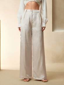 Anewsta Elaire 女式高腰直筒长裤，气质休闲，醋酸纤维缎纹面料，简约设计 - 米色 - 查看 5