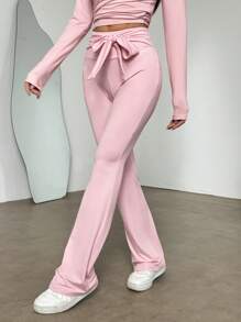 SHEIN Unity 粉色天然超弹力修身打底裤，前中系带，喇叭下摆，运动喇叭紧身裤，适合女士春夏