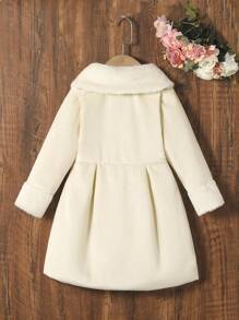 SHEIN Vintaside Kids 年轻女孩都市优雅毛绒面料 + 毛茸茸的衬里大领大衣，配有金属纽扣装饰和腰部蝴蝶结装饰，厚实保暖中长款，适合秋冬季 - 米色 - 查看 2