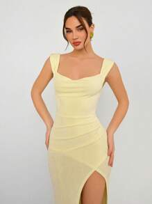 Aloruh Women Bodycon High Slit Sparkly Knitted Dress, Yellow; Backless Bowknot-Up Dress