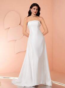 Coutiva فستان زفاف أنيق ذو لون أحادي مزين بفيونكة للزواج، فستان زفاف مع سحاب للنساء، فستان سهرة زفاف للنساء، فستان زفاف للعرائس