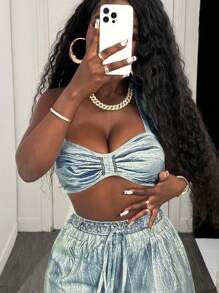 BamGleam Blue Denim Effect Casual Suit - Grey - View 5