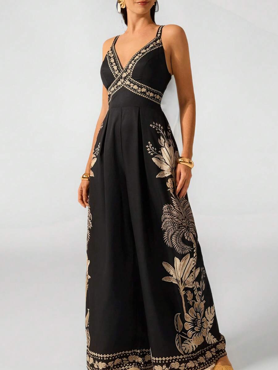 SHEIN PETITE Women's Floral Print Bohemian Style Jumpsuit - Black - View 1