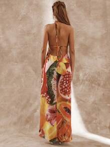 Musera Resort Chiffon Neckholder Kleid mit tiefem Rückenausschnitt, Frucht- und Blumenprint, O-Ring Detail, Maxikleid, Boho Ibiza Stil, süß und sexy, Urlaubskleid, Hochzeitsgast Strand Bademantel