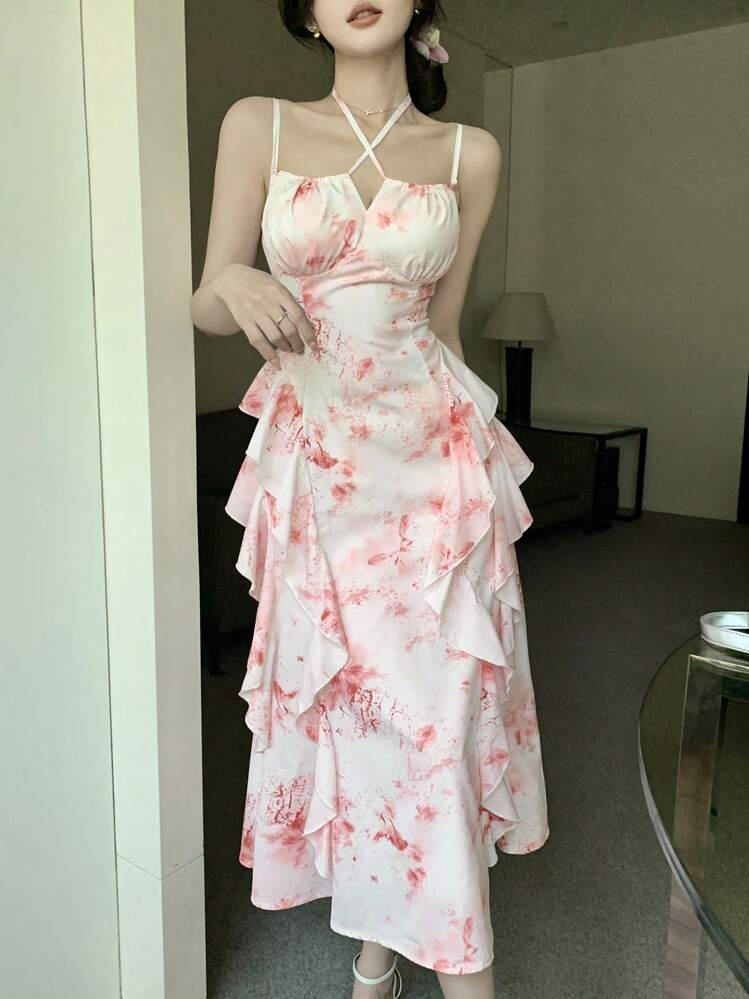 DAZY فستان نسائي متوسط الطول بحمالات مكشكشة وطبعة زهور للصيف - وردي - مشاهدة 5