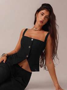 SHEIN Forever 21 春夏女士浪漫/舞会/正式/生日/90 年代/商务休闲女士/优雅/西部装/外出/时尚/休闲/Y2K/俱乐部/办公室/鸡尾酒会/复古/紧身/狂欢节/有趣/优雅/老钱/街头服饰/度假/乡村音乐会/工作/端庄/春假/单身派对/音乐会/坏人/基本款/毕业/黑色细肩带上衣 - 黑色 - 查看 6