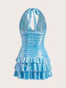 Sweetina 挂脖式褶饰荷叶边金属蛋糕层连衣裙 - 淺藍色 - 查看 5