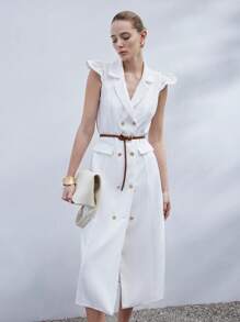 SHEIN Privé White Mini Cap Sleeve Elegant Romantic Commute Versatile Straight Collar Blazer Style Luxe Feel Double-Breasted Women Dress - White - View 2