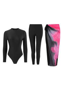 Swim Shayni 3pcs Women Summer Beach Outfits: Zipper Front Long Sleeve Swimsuit Top, Bottoms And Patterned Beach Dress Cover Up, Modest Resort Bikini Set - Black - View 4