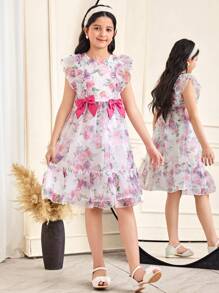 SHEIN 女童花卉印花欧根纱荷叶边下摆蝴蝶结装饰连衣裙，适合春季户外派对的花卉连衣裙，公主风格休闲连衣裙，花童 - 彩色 - 查看 5