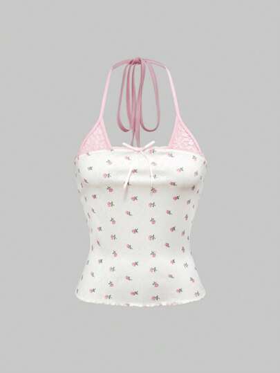 Kawaii Cute Summer Vacation Beach Ditsy Floral Pink Apricot Lace Trim Tie Bow Ditsy Floral Patchwork Women Camisole