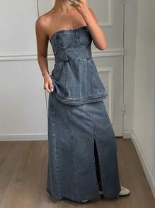 DAZY 做旧洗水吊带背心和牛仔开衩裙 2 件套 女式夏季 - 藍色 - 查看 3