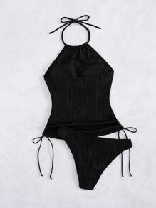 Swim Vcay 女士海滩休闲纯色抽绳纹理面料细肩带露背吊带比基尼上衣适合度假 - 黑色 - 查看 6