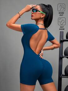 Innovista Women Activewear Backless Hollow Out Short Sleeve Sports Jumpsuit, Breathable Elastic Dry Fit Gym Jumpsuit For Daily,Sculpting Shapewear, Workout Outfits, Fitniss Romper & Overall,Multi-Use For Training, Edgy & Unique Stylish Tracksuit, Yoga,Mat,Pilates,Running,Cardio,Strength,Weights,Cycle,Bike,Outdoor,Hike,Camping,Trail,Volleyball,Going Out,Dance,Athleisure, Music Festival, Party, Blue & Green,Spring Summer Gear,Bathing Suit,Mother's Day Gift
