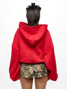 SUMWON WOMEN Oversized Cropped Hoodie Sweatshirt Casual Pullover Athletic Workout Loungewear Drawstring Hood Winter Fall Streetwear Athleisure Fashion - Red - View 2