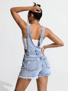 SHEIN EZwear 女士简约时尚牛仔连体裤，适合夏季 - 淺色水洗藍 - 查看 2
