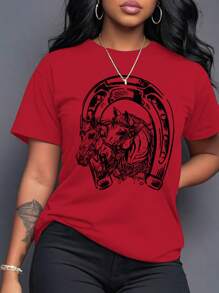 Flirla Plus Size Wild Horse Pattern Printed Round Neck T-Shirt Graphic Tees Women Tops - Red - View 1
