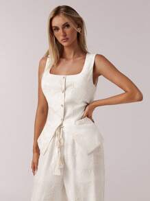 Forever 21 春季简约度假翻领无袖亚麻条纹印花女衬衫 - 白色 - 查看 7