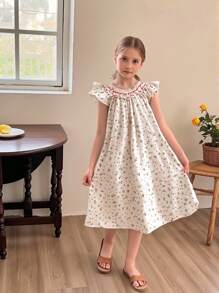 SHEIN Tween Girl' Ditsy Floral Princess Style Casual Dress, Spring/Summer Outdoor Childrenswear - Beige - View 1