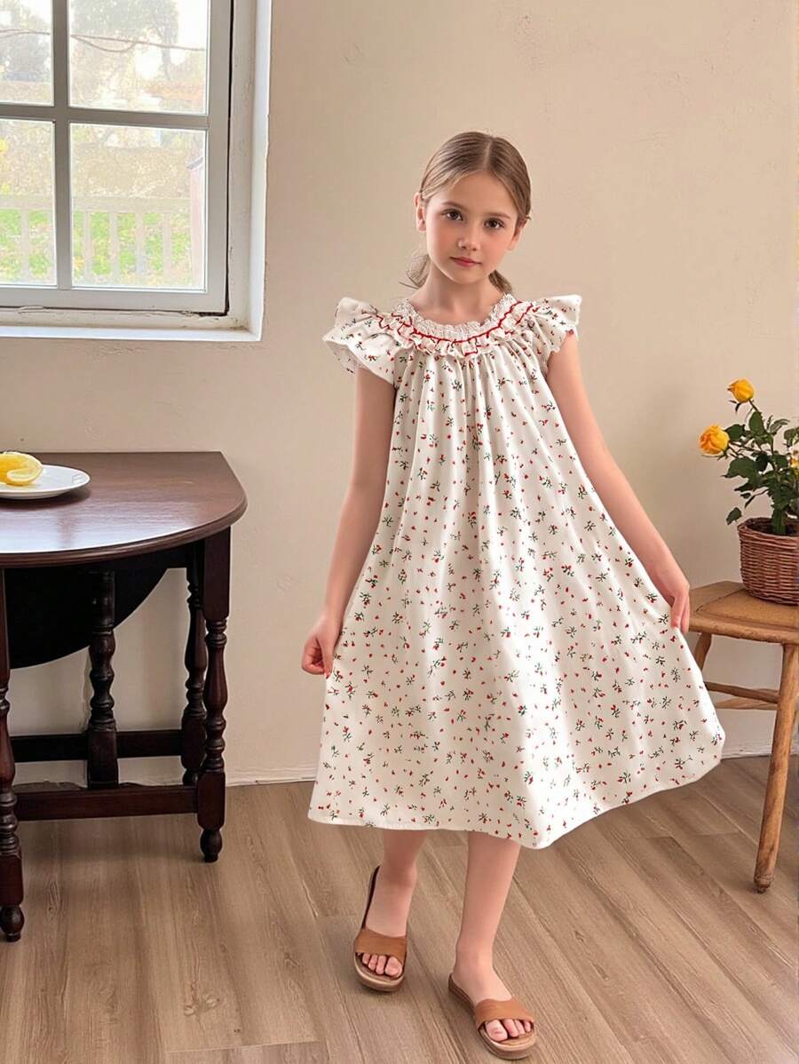 SHEIN Tween Girl' Ditsy Floral Princess Style Casual Dress, Spring/Summer Outdoor Childrenswear - Beige - View 1