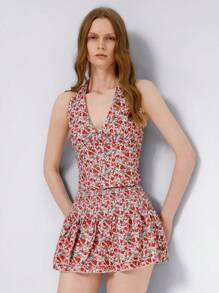 SHEIN Unity 2 件套女式复古碎花露背 V 领短款上衣和层叠荷叶边下摆迷你裙套装，时尚假日别致风格，春夏 - 彩色 - 查看 1