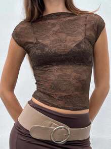 INAWLY Damen Sexy durchscheinende Spitze Muster taillierte kurzärmlige T-Shirt - Braun - Übersicht 4