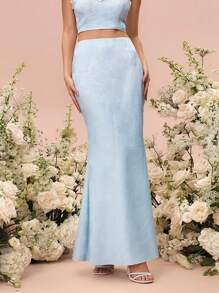 Glamine Blue Woven Textured Fabric Mid-Waist Fish Tail Hem Skirt, Spring/Summer For Women