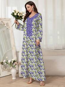 Al Najma Đầm dài họa tiết hoa thanh lịch cho nữ, ren chắp vá theo phong cách Ả Rập, kín đáo - Màu tím - Xem 6