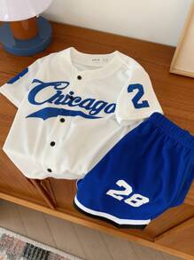 SHEIN 2 Packs Young Boys Casual Sports College Street Cute Vacation Letter Pattern Baseball Shirt And Shorts Set Suitable For Kids Outfits Young Boy Clothes Back To School Set Suitable For Birthday Parties, Evening Parties, Performances, Weddings, Baptisms, Opening Ceremonies Daily Suitable For Daily Use School Travel Sports Spring And Summer Seasons