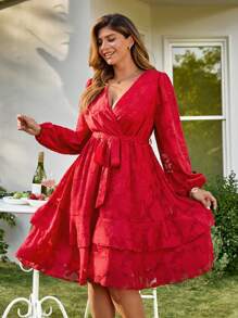 KURAYIA Robe midi texturée en maille à encolure en V avec ceinture nouée, style français de luxe pour grandes tailles - Rouge - Voir 4
