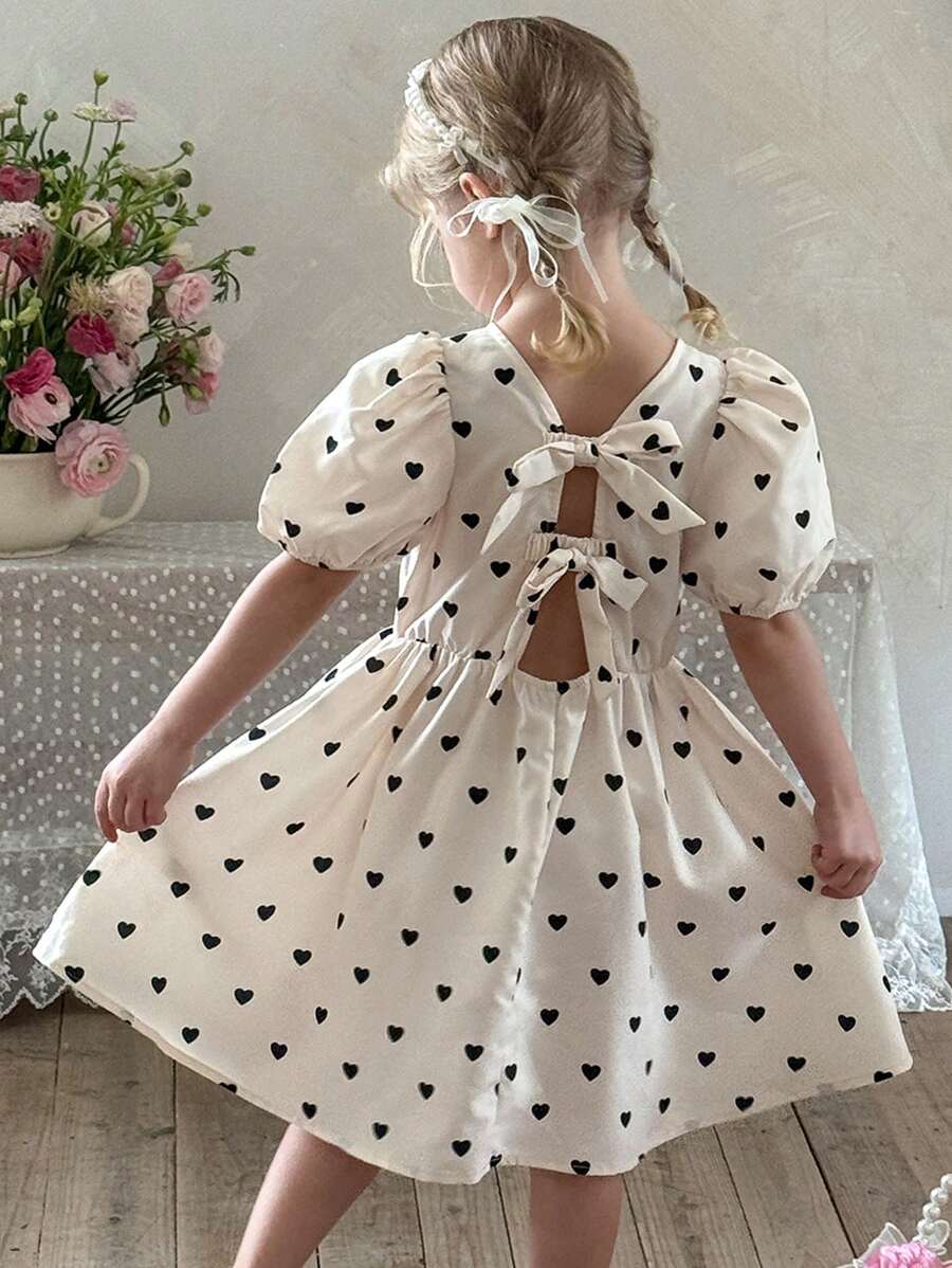 SHEIN LMoss Kids 年轻女孩心形图案泡泡袖修身连衣裙 - 黑與白 - 查看 1