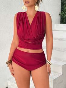 Swim Lushoire Plus Size Satin Shine Halter Style Bikini Top, Suitable For Vacation, Elegant Party For Summer - Burgundy - View 7