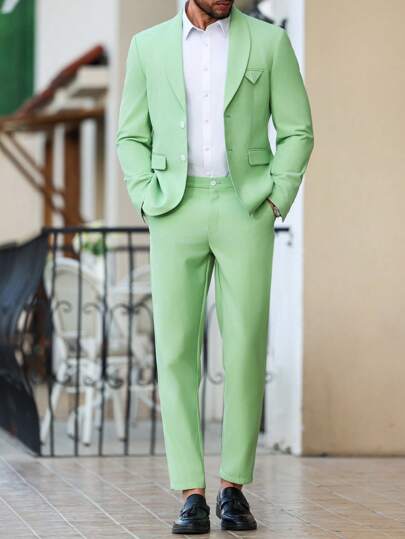 Manfinity Bizformal Men's Solid Color Shawl Collar Long Sleeve Jacket And Pants Suit Set Prom Suit Prom Suit Men Men Suit And Pants Prom Suits For Men