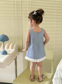 SHEIN Baby Girl Elegant Color Block Bow Decor Summer Dress - Blue - View 2
