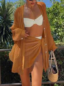 INAWLY Plus Size 2 Pieces Set: Solid Color Shirt And Pleated Mini Skirt, Casual Holiday Wear