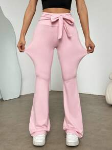 SHEIN Unity 粉色天然超弹力修身打底裤，前中系带，喇叭下摆，运动喇叭紧身裤，适合女士春夏