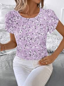 SHEIN Clasi Women's Vacation Round Neck Pleated Country Ditsy Floral Bud Short Sleeve Shirt - Mauve Purple - View 4