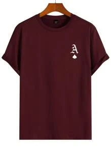 Manfinity Homme Plus Size Men Playing Card Print Round Neck Short Sleeve Casual Slim Fit T-Shirt - Burgundy - View 3